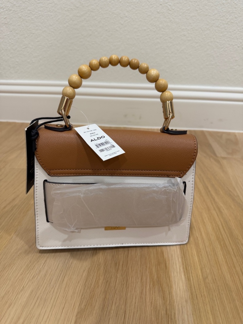 Aldo Two-Tone Tan and Cream Beaded-Handle Satchel - Picture 2 of 3